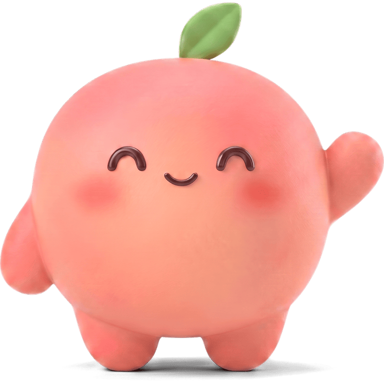 Peach the mascot — a chubby blushed peach with a green leaf, waving.